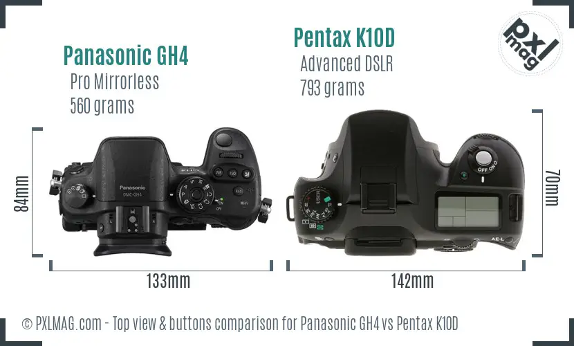 Panasonic GH4 vs Pentax K10D top view buttons comparison