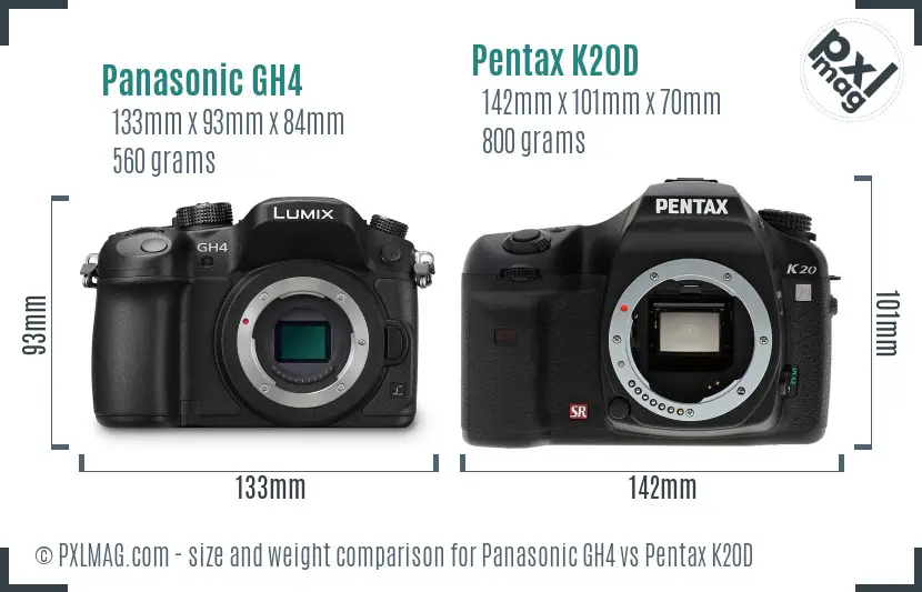 Panasonic GH4 vs Pentax K20D size comparison