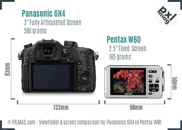 Panasonic GH4 vs Pentax W60 Screen and Viewfinder comparison