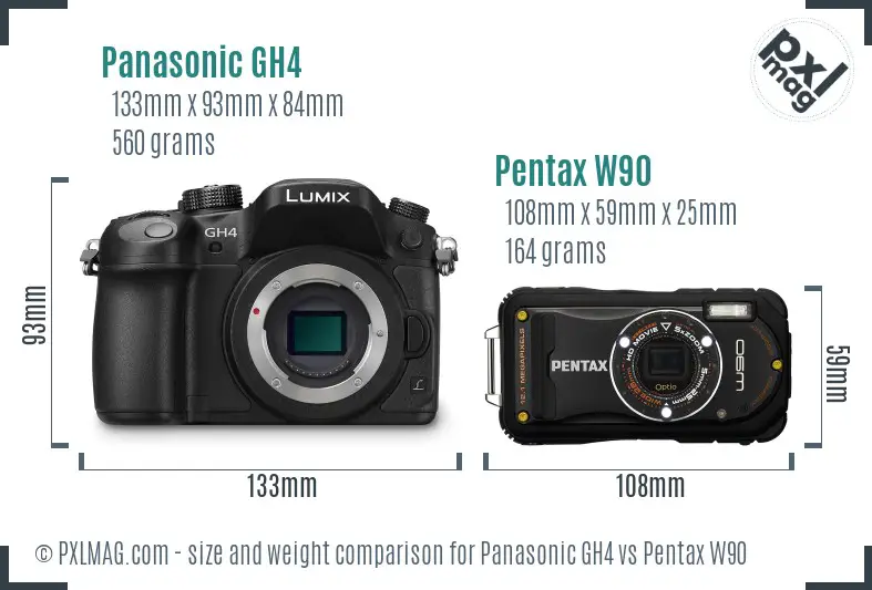 Panasonic GH4 vs Pentax W90 size comparison