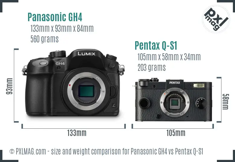 Panasonic GH4 vs Pentax Q-S1 size comparison