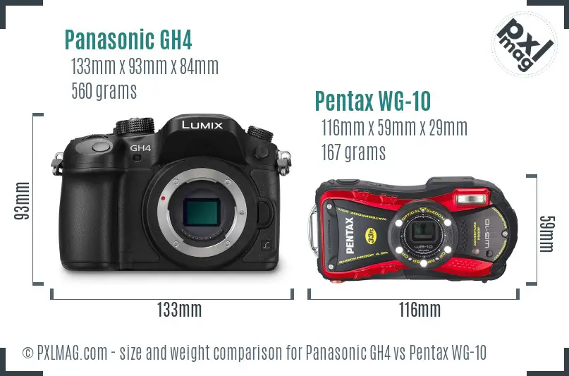 Panasonic GH4 vs Pentax WG-10 size comparison