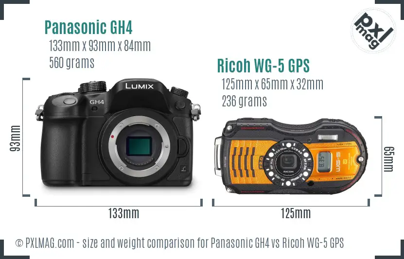Panasonic GH4 vs Ricoh WG-5 GPS size comparison