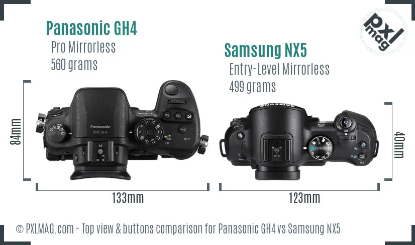 Panasonic GH4 vs Samsung NX5 top view buttons comparison Panasonic GH4 vs Samsung NX5 top view buttons comparison