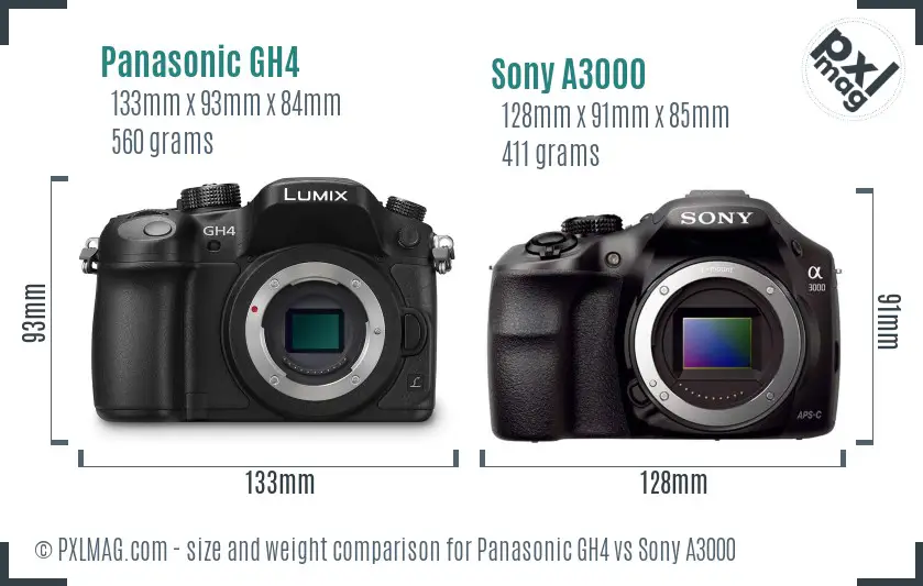 Panasonic GH4 vs Sony A3000 size comparison