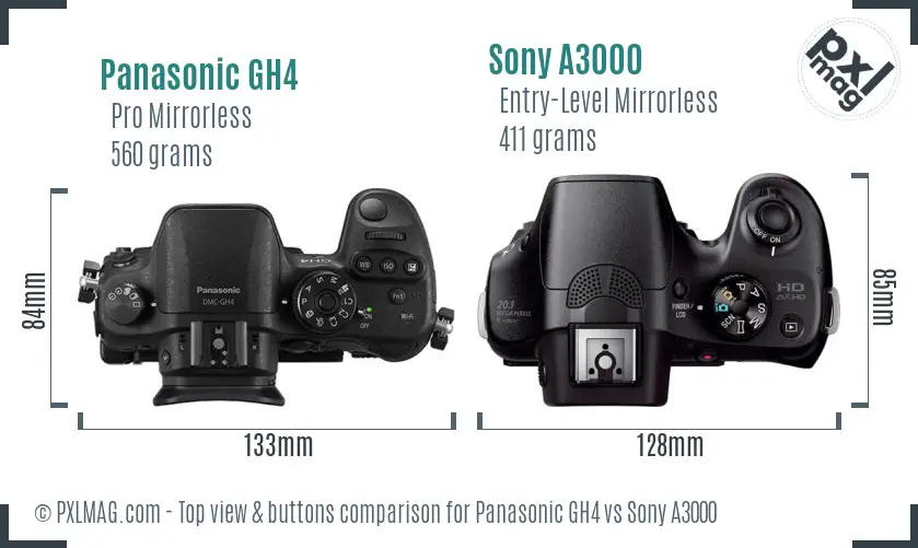 Panasonic GH4 vs Sony A3000 top view buttons comparison