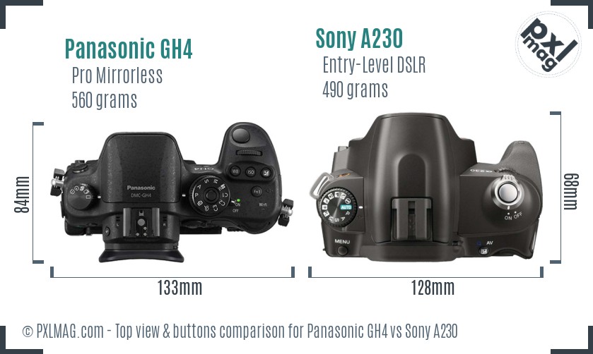 Panasonic GH4 vs Sony A230 top view buttons comparison