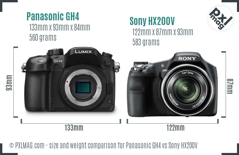 Panasonic GH4 vs Sony HX200V size comparison Panasonic GH4 vs Sony HX200V size comparison