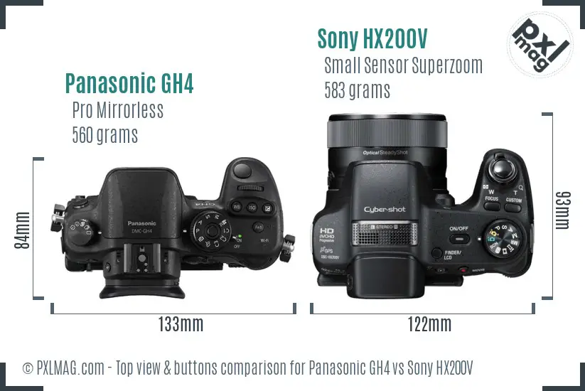Panasonic GH4 vs Sony HX200V top view buttons comparison Panasonic GH4 vs Sony HX200V top view buttons comparison