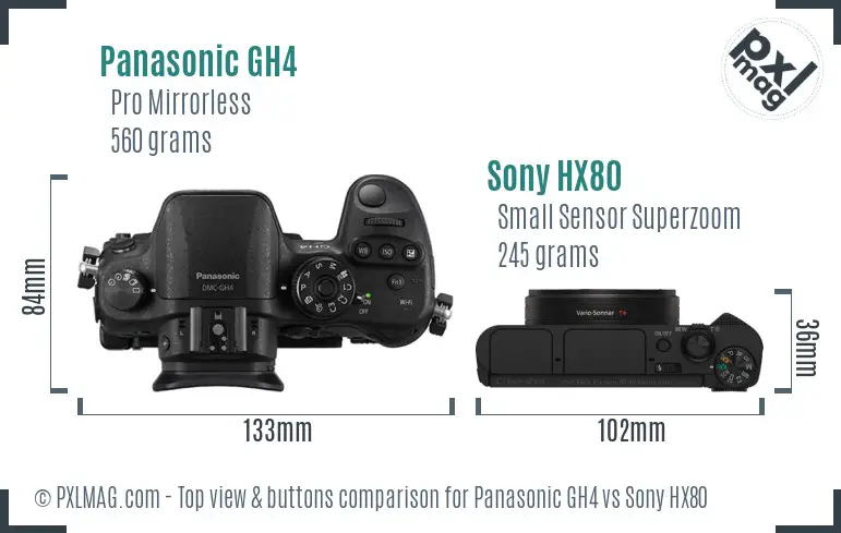 Panasonic GH4 vs Sony HX80 top view buttons comparison Panasonic GH4 vs Sony HX80 top view buttons comparison