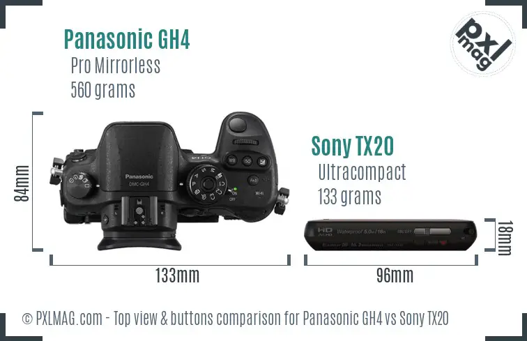 Panasonic GH4 vs Sony TX20 top view buttons comparison Panasonic GH4 vs Sony TX20 top view buttons comparison