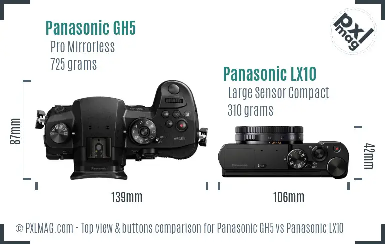 Panasonic GH5 vs Panasonic LX10 top view buttons comparison