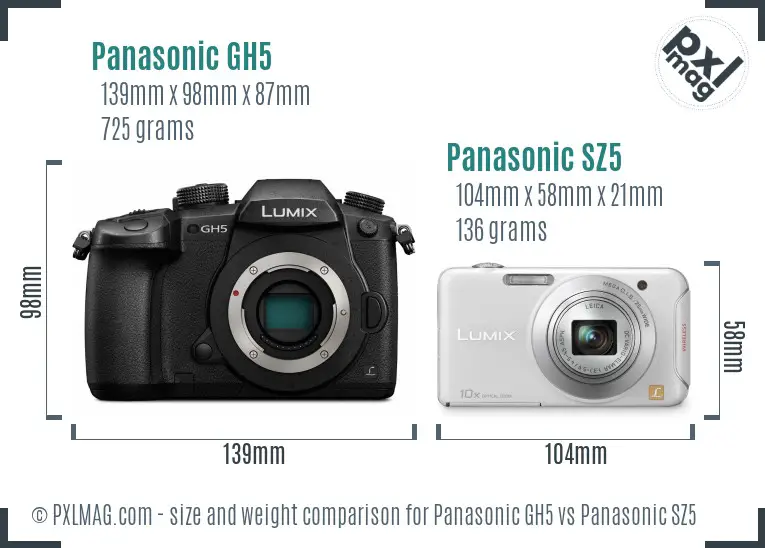 Panasonic GH5 vs Panasonic SZ5 size comparison