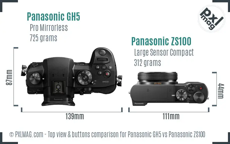 Panasonic GH5 vs Panasonic ZS100 top view buttons comparison