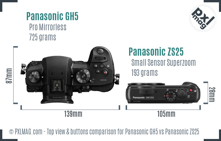 Panasonic GH5 vs Panasonic ZS25 top view buttons comparison