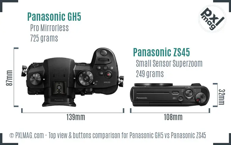 Panasonic GH5 vs Panasonic ZS45 top view buttons comparison