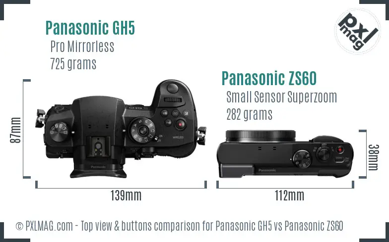 Panasonic GH5 vs Panasonic ZS60 top view buttons comparison