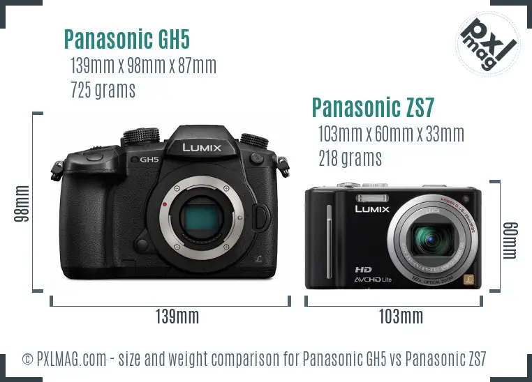 Panasonic GH5 vs Panasonic ZS7 size comparison