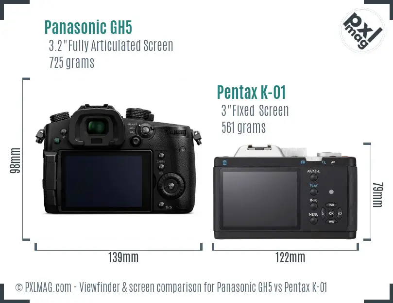 Panasonic GH5 vs Pentax K-01 Screen and Viewfinder comparison