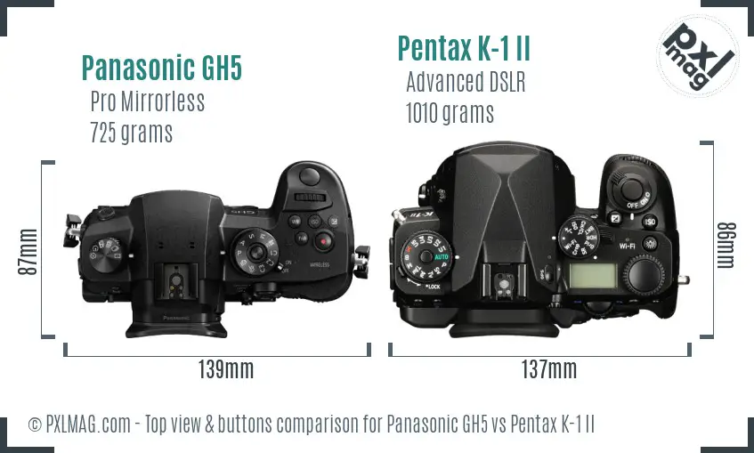Panasonic GH5 vs Pentax K-1 II top view buttons comparison