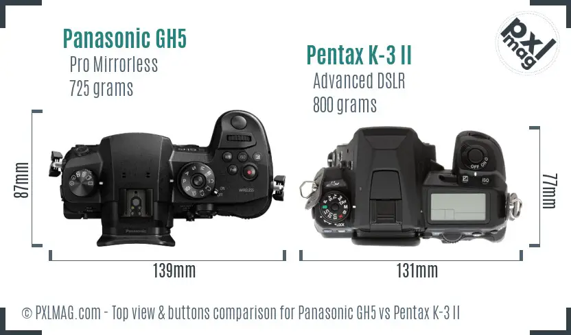Panasonic GH5 vs Pentax K-3 II top view buttons comparison