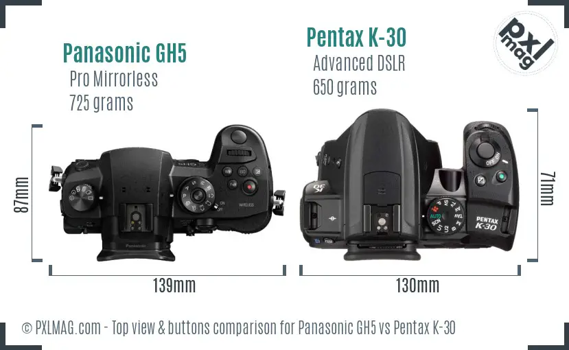 Panasonic GH5 vs Pentax K-30 top view buttons comparison