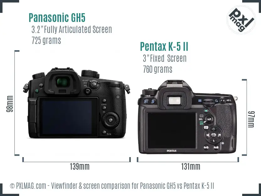 Panasonic GH5 vs Pentax K-5 II Screen and Viewfinder comparison