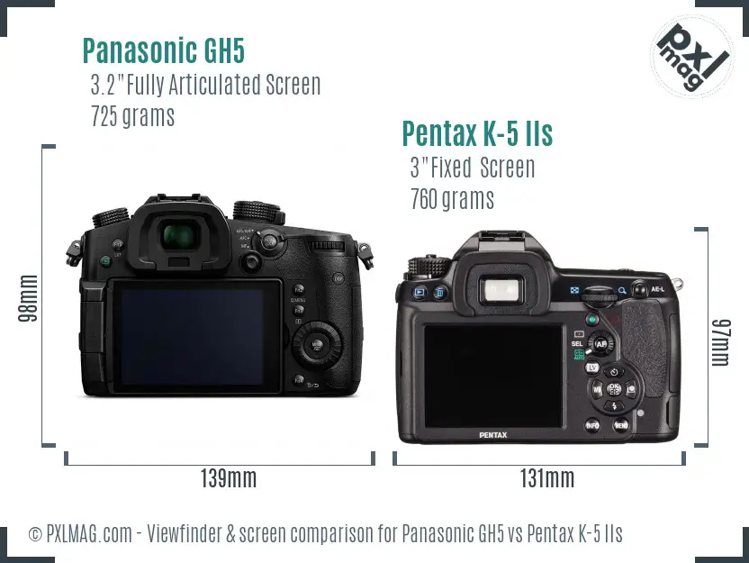 Panasonic GH5 vs Pentax K-5 IIs Screen and Viewfinder comparison