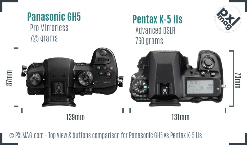 Panasonic GH5 vs Pentax K-5 IIs top view buttons comparison