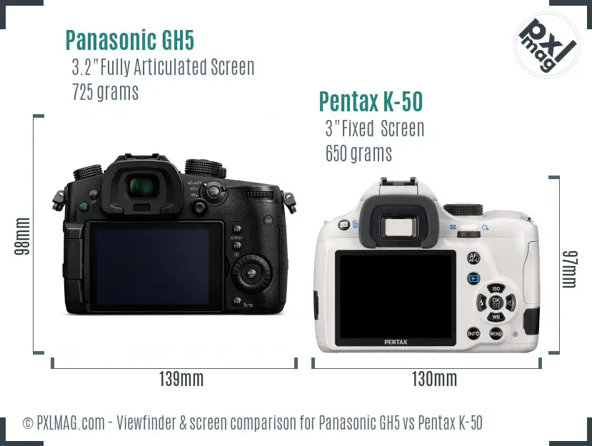 Panasonic GH5 vs Pentax K-50 Screen and Viewfinder comparison