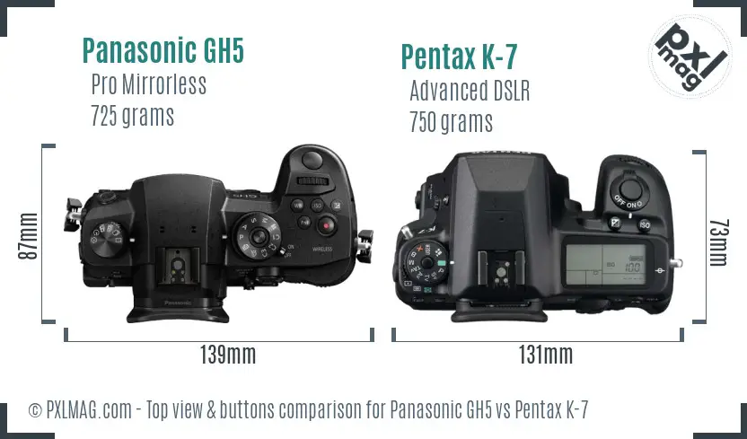 Panasonic GH5 vs Pentax K-7 top view buttons comparison