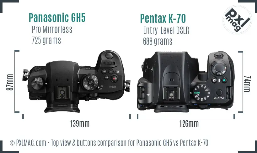 Panasonic GH5 vs Pentax K-70 top view buttons comparison
