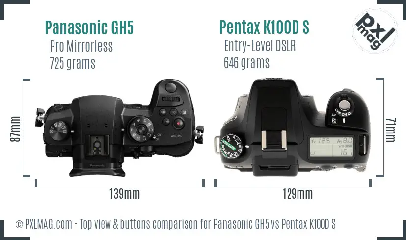 Panasonic GH5 vs Pentax K100D S top view buttons comparison