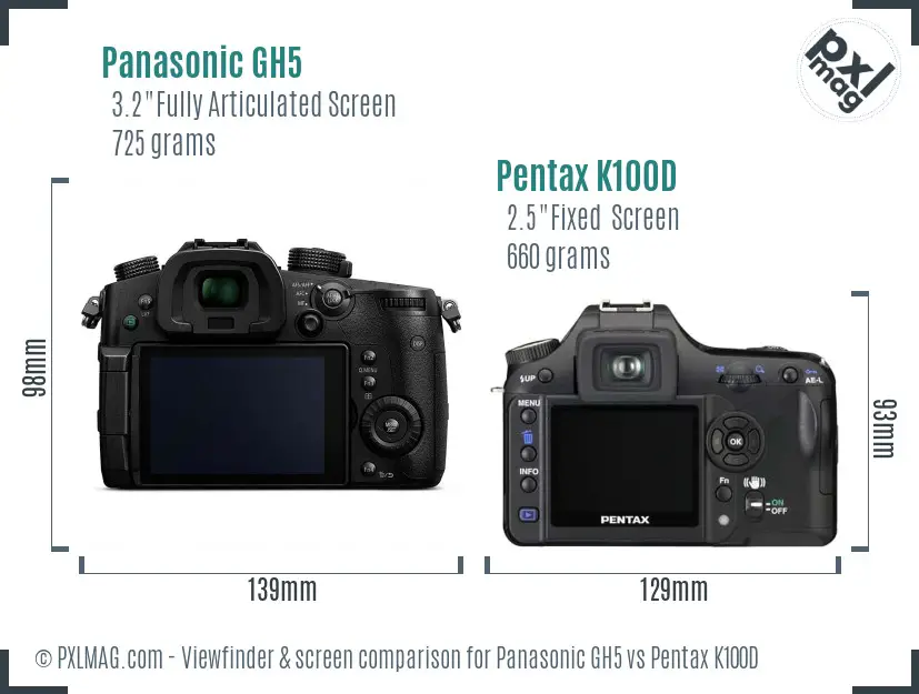 Panasonic GH5 vs Pentax K100D Screen and Viewfinder comparison
