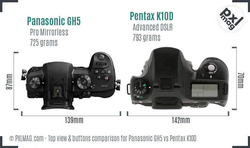 Panasonic GH5 vs Pentax K10D top view buttons comparison