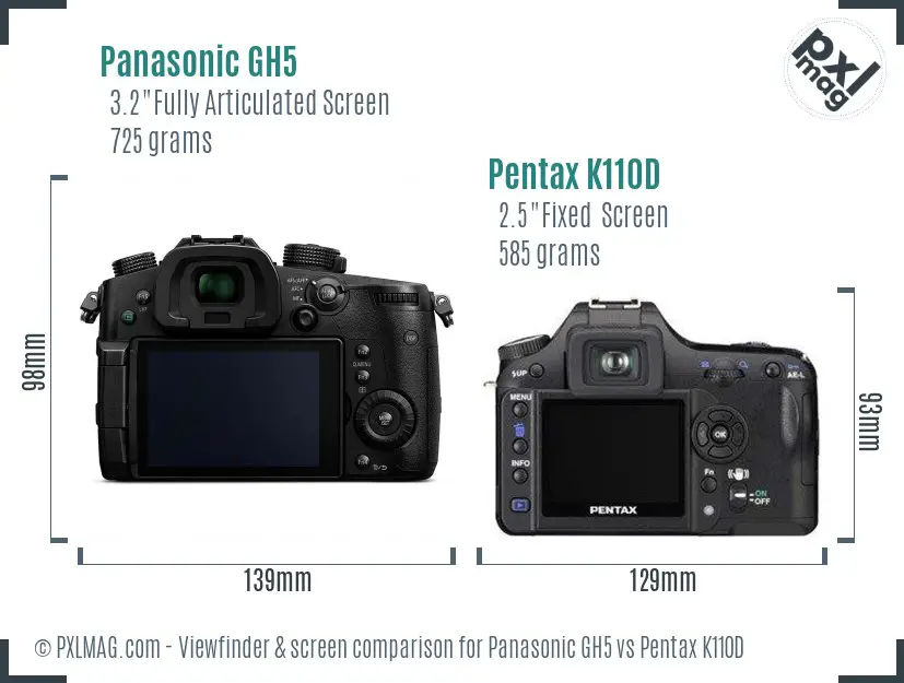 Panasonic GH5 vs Pentax K110D Screen and Viewfinder comparison