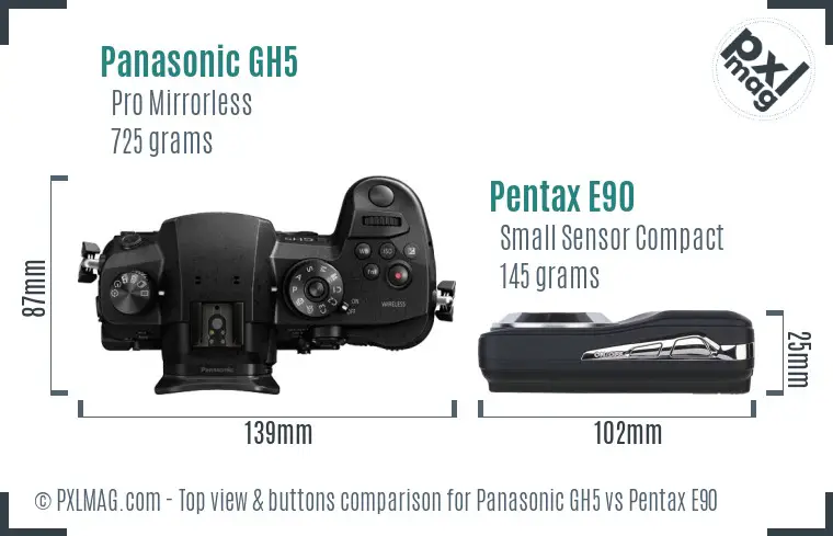 Panasonic GH5 vs Pentax E90 top view buttons comparison