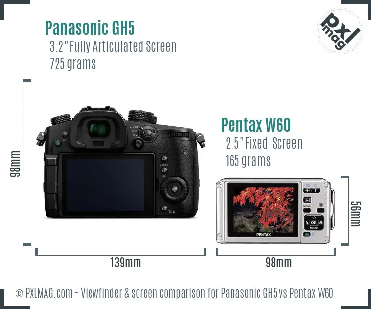 Panasonic GH5 vs Pentax W60 Screen and Viewfinder comparison