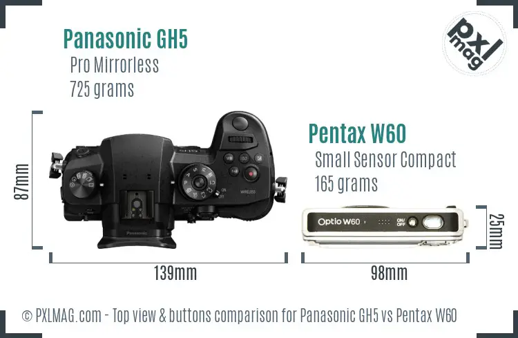 Panasonic GH5 vs Pentax W60 top view buttons comparison