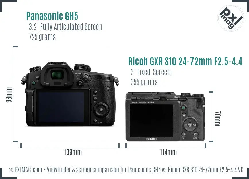 Panasonic GH5 vs Ricoh GXR S10 24-72mm F2.5-4.4 VC Screen and Viewfinder comparison