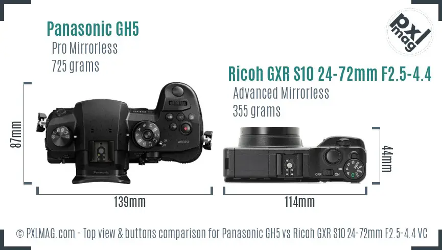 Panasonic GH5 vs Ricoh GXR S10 24-72mm F2.5-4.4 VC top view buttons comparison