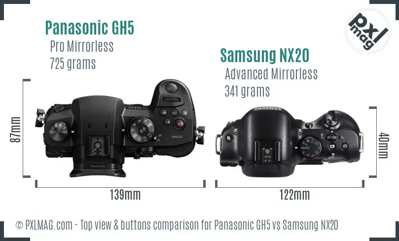 Panasonic GH5 vs Samsung NX20 top view buttons comparison Panasonic GH5 vs Samsung NX20 top view buttons comparison
