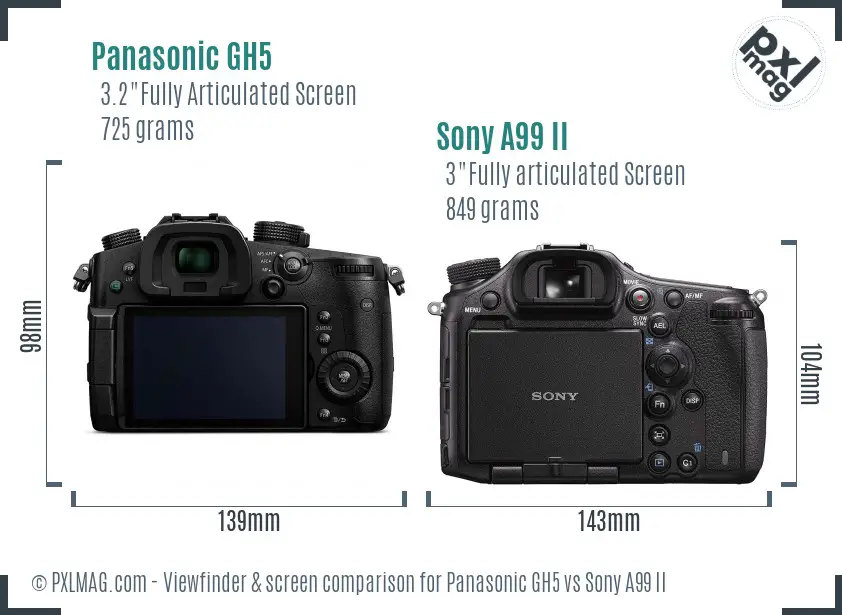 Panasonic GH5 vs Sony A99 II Screen and Viewfinder comparison Panasonic GH5 vs Sony A99 II Screen and Viewfinder comparison