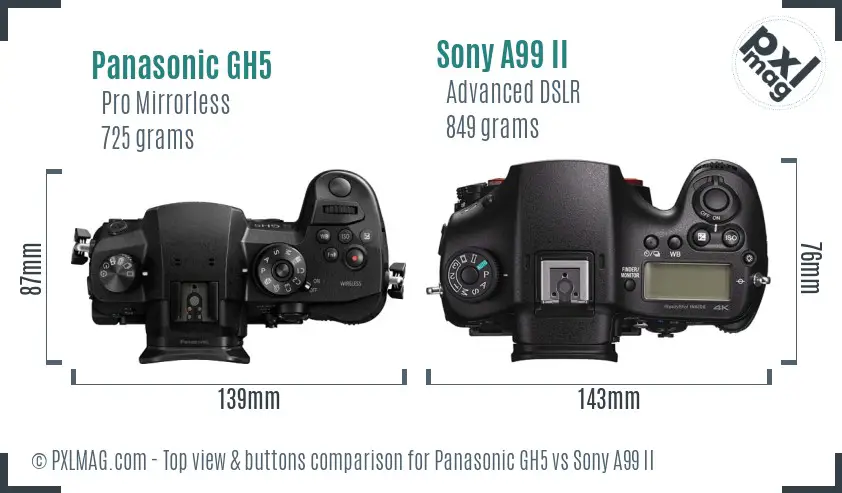 Panasonic GH5 vs Sony A99 II top view buttons comparison Panasonic GH5 vs Sony A99 II top view buttons comparison