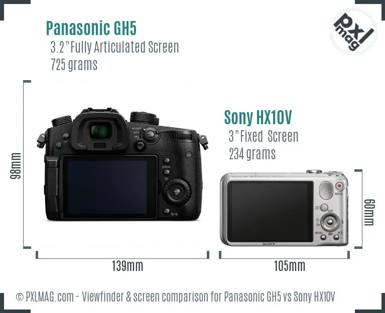 Back screen comparison showing GH5 articulating touchscreen versus Sony HX10V fixed LCD