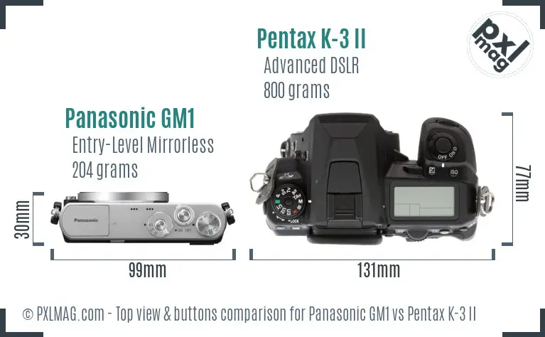 Panasonic GM1 vs Pentax K-3 II top view buttons comparison