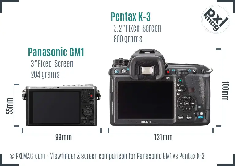 Panasonic GM1 vs Pentax K-3 Screen and Viewfinder comparison