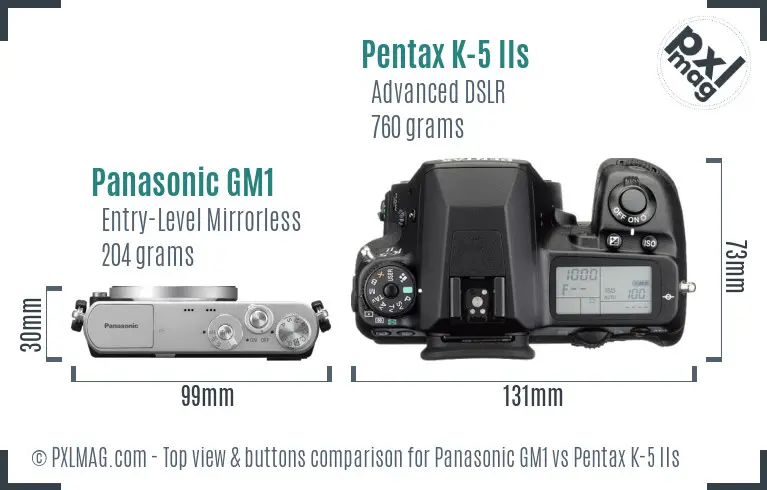 Panasonic GM1 vs Pentax K-5 IIs top view buttons comparison