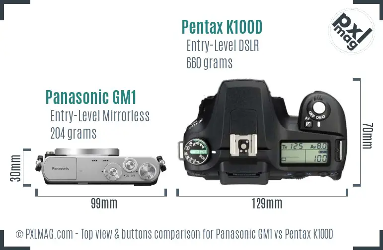 Panasonic GM1 vs Pentax K100D top view buttons comparison