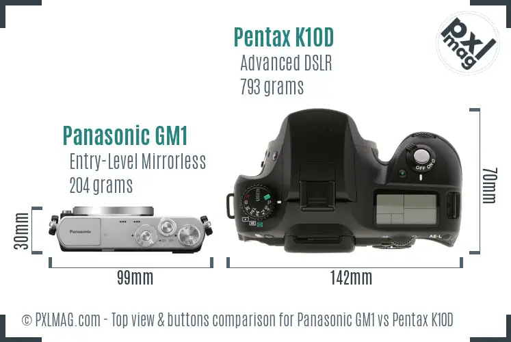 Panasonic GM1 vs Pentax K10D top view buttons comparison